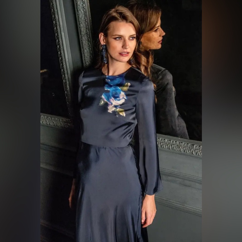 Sachin & Babi Alex Gown in Midnight Corsage Navy Blue Floral Satin Dress Size 14 - Picture 3 of 17